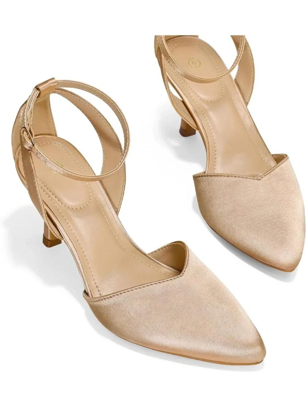 Women's Champagne Satin Closed Toe Kitten Heels Comfortable Dress Pumps Shoes